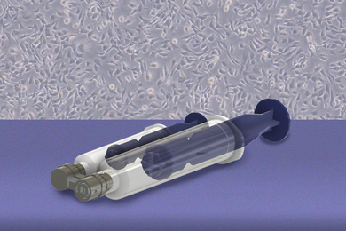 A handheld device resembling a dual-tube syringe