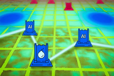 A stylized Stratego board game with a central bomb piece and other pieces that say “AI.”
