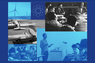 Collage of people in meeting rooms and geopolitical symbols from different times in history