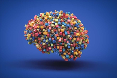 Abstract 3D brain model made of colorful cubes linked by threads