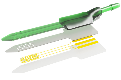 An exploded rendering separates the green fluid channel, supporting layers, and gold-colored ultrasound array and electrical traces.