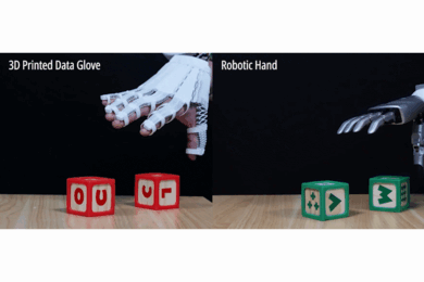On the left, an animated human hand wearing a motion-capture glove places a block on top of another. On the right, a robotic hand duplicates the motions.