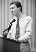 Grant Kristofek urges rally-goers to register for bone marrow donation to help his friend David Li. Photo by Ming-Tai Hun/The Tech