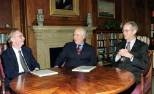 MIT Provost Robert A. Brown (left), Nanovation President and CEO G. Robert Tatum (center) and MIT President Charles M. Vest discuss plans after signing the MIT-Nanovation photonics research agreement in President Vest's office.