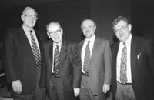 The three Nobel laureates in chemistry in 1995 gathered to speak at the third Rosenblith Lecture in Science and Technology at MIT last week, along with the MIT professor for whom the lecture series is named. Left to right: F. Sherwood Rowland of the University of California at Irvine, Institute Professor Emeritus Walter A. Rosenblith, Mario Molina of MIT and Paul J. Crutzen of the Max Planck Insti...