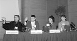 The Women in Engineering and Science panel discussion, part of the CEE Alumni/ae Day, included (left to right) Professors Sallie W. Chisholm, panel chair; Lorna J.Gibson, chair of the Gender Equity Study in the School of Engineering; and alumnae Karla H. Karash and Diane M. McKnight.