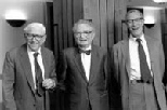 MIT Nobel prize-winning economists (left to right) Franco Modigliani, Paul A. Samuelson and Robert M. Solow pose together in this photo taken a few years ago. The three will share the podium in Kresge Auditorium at 7pm on Monday (Sept. 18) in the first Ford/MIT Nobel Laureate Lecture.