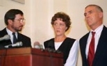 Darlene and Robert Krueger (right) held a press conference last week to announce a settlement with MIT regarding the alcohol-induced death of their son, freshman Scott Krueger, at a fraternity party three years ago. The Kruegers are shown with their lawyer, Leo Doyle (left), who arranged the press conference.