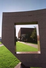 This main campus walkway, featuring "TV Man" by David Bakalar, will be closed in November due to construction of the Sports and Fitness Center.