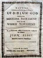 The cover page of the 1685 Algonquin Bible in MIT's rare books collection.