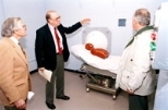 At Monday's inauguration of the Fission Converter Epithermal Neutron Irradiation Facility, Professor Otto Harling (center) discusses the facility with Dr. Constantine Maletskos (left), a member of the MIT Reactor Safeguards Committee, and Lincoln Clark Jr., former associate director of the Nuclear Reactor Laboratory.