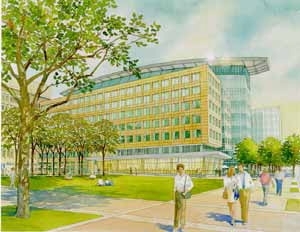 An artist's rendering of a new building nearing completion in Technology Square. The perspective is from Main Street looking northeast.