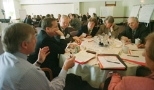 Lee Bollinger (far left), president of the University of Michigan, makes a point to MIT Professor Nancy Hopkins and Princeton Professor Shirley Tilghman during the Presidents Workshop on Gender Equity at the Faculty Club Monday. Around the table to Dr. Bollinger's left are Yale President Richard Levin; Jan de Vries, vice provost of the University of California at Berkeley; Dr. Hopkins; Dr. Tilghma...