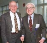 John Gibbons (left), who served President Clinton as assistant to the president for science and technology and director of the Office of Science and Technology Policy, talked with William T. Golden at the MIT celebration of the 25th anniversary of OSTP. Golden, now 91, was advising President Truman in 1950 and urged the appointment of a scientific advisor to the President.