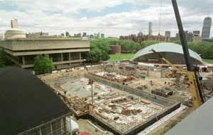 The Zesiger Sports and Fitness center as seen from the roof of the Johnson Athletics Center, now taking shape between Kresge Auditorium, the Stratton Student Center and Rockwell Cage (left foreground).