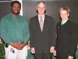 Murphy Award winners Derrick Barnes (left) and Gail Hickey stand with President Charles Vest.