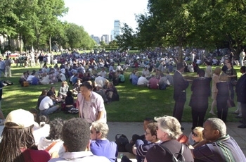 Some 5,000 students and staff discuss with facilitators their feelings about the attacks on NY and DC.