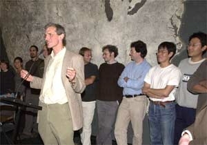 At the Oct. 9 press conference, Professor Ketterle praises the "great team" of students who helped discover a new state of matter, the Bose-Einstein condensate.