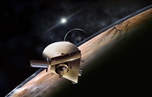 Artist's rendition of the New Horizons spacecraft. The craft's miniature cameras, radio science experiment, ultraviolet and infrared spectrometers and space plasma experiments will characterize the global geology and geomorphology of Pluto and Charon, map their surface compositions and temperatures, and examine Pluto's atmosphere in detail. The spacecraft's most prominent design feature is an 8-fo...