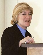 Emily Rooney delivers remarks at a recent gathering of the MIT Information Group