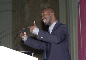 Graduate student Eric Caulfield nearly brought down the house with his impassioned and alliterative talk on "The Illusion of Full Inclusion."