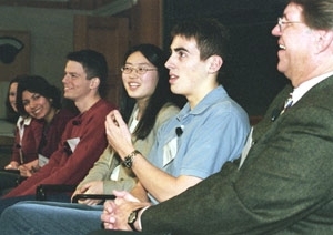 Students participating in a MacVicar Day videoconference were (left to right)  Rebecca Griffiths, Maral Shamloo, Tim Richards, Gina Kim, Kevin Lang. Professor  John Vander Sande moderated