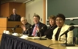 Participants at the March 13 press conference announcing the Army's selection  of MIT for a $50 million Institute for Soldier Nanotechnologies included (left  to right) Provost Robert Brown, at podium; Dean of Engineering Thomas Magnanti;  Professor Edwin Thomas of materials science and engineering; Vice President for  Research and Associate Provost Alice Gast; and Professor Paula Hammonds of mate...