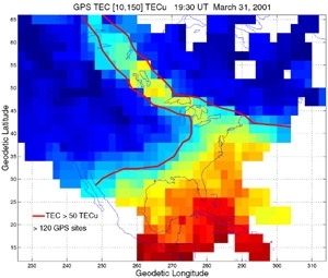 Analysis of GPS navigation signals monitored at over 120 sites provides a snapshot of ionoshperic total electron content (TEC) over North America during a major geomagnetic disturbance. A large-scale plume of storm enhanced density spans the continent from a source region in the eastern U.S. The bold red outlines the low-altitude footprint of the TEC plume.