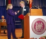 Beth Garvin receives her honorary membership to the Alumni Association from outgoing Alumni Association president L. Robert Johnson during Tech Day ceremonies