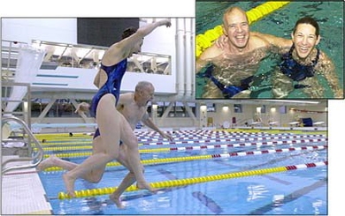Al  and Barrie Zesiger enjoy an early morning swim Friday before dedication ceremonies  for the Zesiger Center.