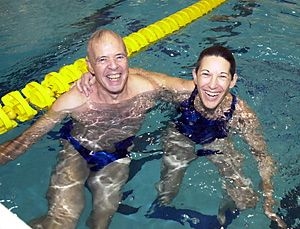 Al and Barrie Zesiger are all smiles after their first swim in the pool that bears their name.