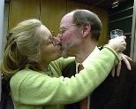 Professor Robert  Horvitz, winner of the Nobel prize in medicine, gets a kiss from wife Martha Constantine-Paton, who is also a professor of biology at MIT.