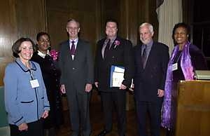 At the President's Community Service Award ceremony last week were (left to right) Rebecca Vest, award winner Kathy Reddick, President Charles M. Vest, award winner Michael Foley, Paul Parravano (co-director of the Office of Government and Community Relations), and Cambridge        City Councillor Denise Simmons.