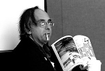 Art Spiegelman makes a point by holding up one of his comics at a special session for MIT cartoonists.