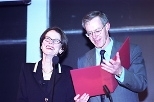 Ann Graybiel (left), professor of neuroscience and Medal of Science winner, is commended by faculty chair Stephen Graves prior to the Killian lecture Monday.