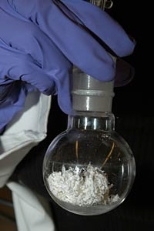 Material (above) created in Paula Hammonds' MIT lab by graduate students LaShanda James-Korley and Greg Pollock (below) will be spun into a spiderweb-like substance.