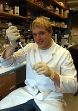 Senior Geoffrey von Maltzahn wields a micropipette in the Biotechnology Process Engineering Center where he did research on microscopic "carriers" that deliver molecules to specific cells.
