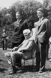 Wilber B. Huston (right) and Arthur O. Williams Jr. (S.B 1934) flank their benefactor, inventor Thomas A. Edison, at the announcement that Williams won the second Edison contest scholarship in 1930. Below: a recent snapshot of Huston.