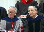 MIT President Charles M. Vest and former U.S. Sen. George Mitchell enjoy the scene on Killian Court before addressing the Class of 2003 and guests.