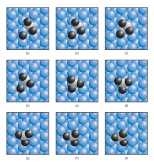 Based on quantum mechanical calculations, MIT researchers have developed this series of pictures showing how sulfur dioxide on a platinum catalyst converts to sulfur trioxide--a compound that poisons advanced catalytic converters for new fuel-efficient engines. Platinum atoms of the catalyst's surface appear as blue spheres, oxygen atoms are black and the sulfur atom is white. In successive pictur...