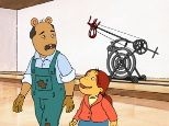 The two Arthurs -- the animated Ganson (above) with Muffy on PBS's "Arthur," and the artist at the MIT Museum (below) with his kinetic sculpture "Machine With Wishbone," which is featured in the cartoon episode.