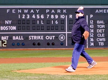 MIT professor Ronald Rivest throws out the ceremonial first pitch at Fenway Park on April 16.