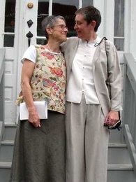 Jeannie Hess (left) and Professor Lorna Gibson leaving their house for their wedding in the Arnold Arboretum on May 21.