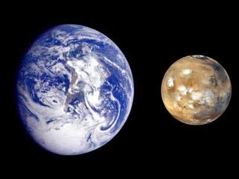 Composite image of Earth and Mars, from photographs taken by the Galileo orbiter and the Mars Global Surveyor.