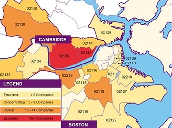 64% of the 146 life sciences companies surveyed in Boston and Cambridge are located within just three zip codes: 02139 (Central Square/MIT), 02142 (Kendall Square/MIT) or 02138 (Harvard
Square).