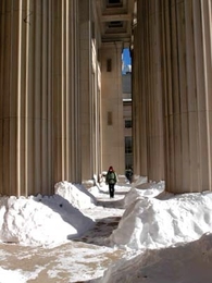 IAP was largely a snowy affair this year, as shown by the snow piles around the columns on the porch off Lobby 10.