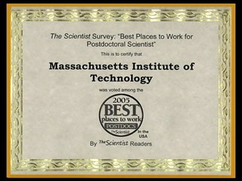 MIT was chosen one of the best places for postdocs to work by readers of The Scientist in the magazine's annual survey.
