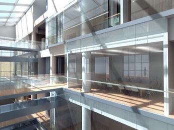 A model shows sunlit walkways connecting Building 6 with the planned new structure.