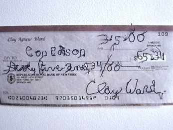 Clay Ward signed personal checks with stitches for his installation 'Sewn Checks,' now on exhibit in a New York gallery.