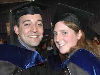 Garry and Karlene Maskaly, who met as MIT undergraduates and went through grad school together, picked up their Ph.D. hoods together on Thursday, June 2. The couple, married in 2000, both got degrees in materials science.